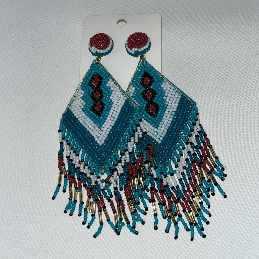 NWT TURQUOISE BOHEMIAN FRINGE EARRINGS - Picture 2 of 3